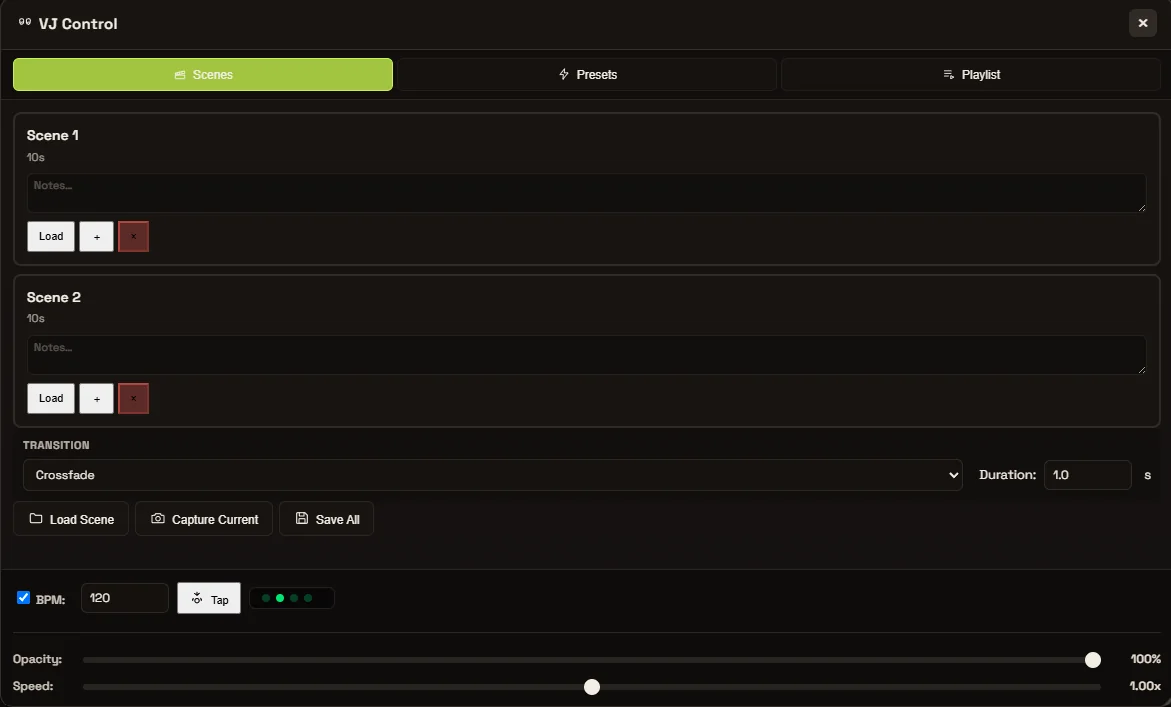 The VJ Control panel: scenes with crossfade transitions, beat-synced BPM, and master opacity and speed.